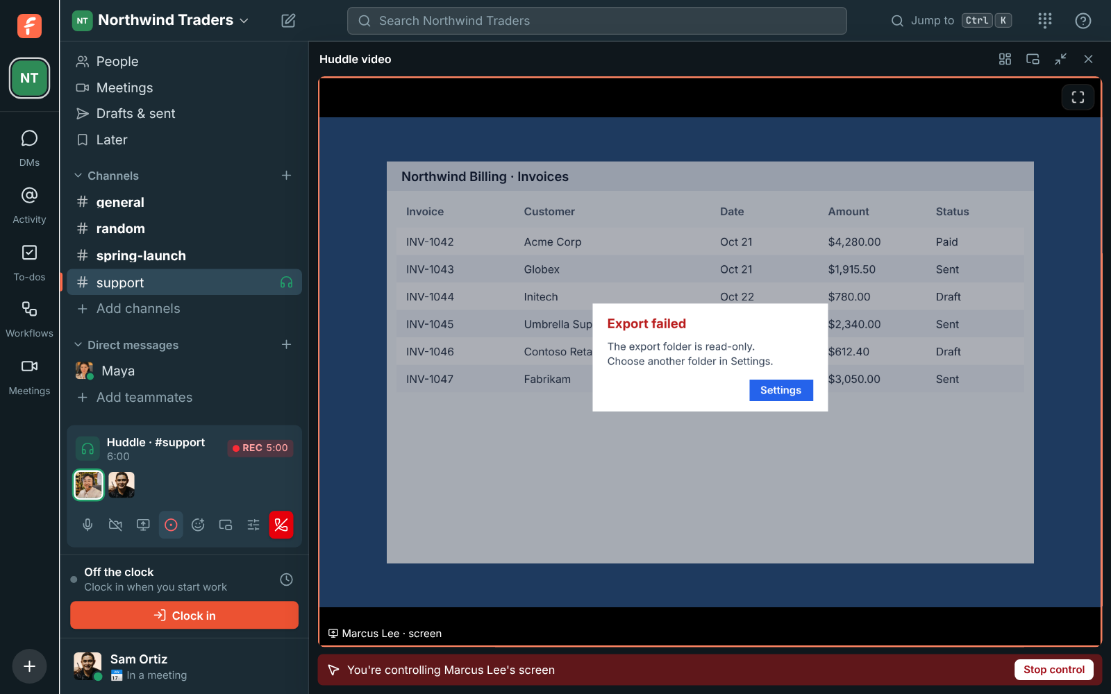 Controlling a teammate's shared screen, with the control bar at the top