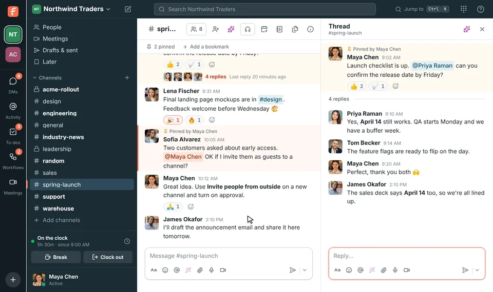 Dragging the sidebar wider, then the thread beside #spring-launch