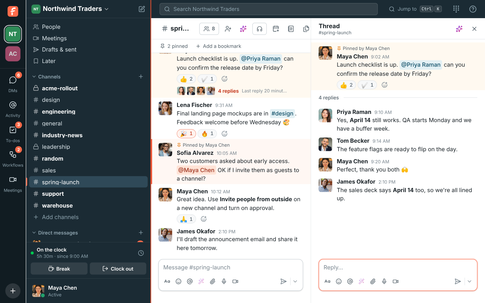 The sidebar dragged wider beside #spring-launch, with its divider showing, and a thread open on the right