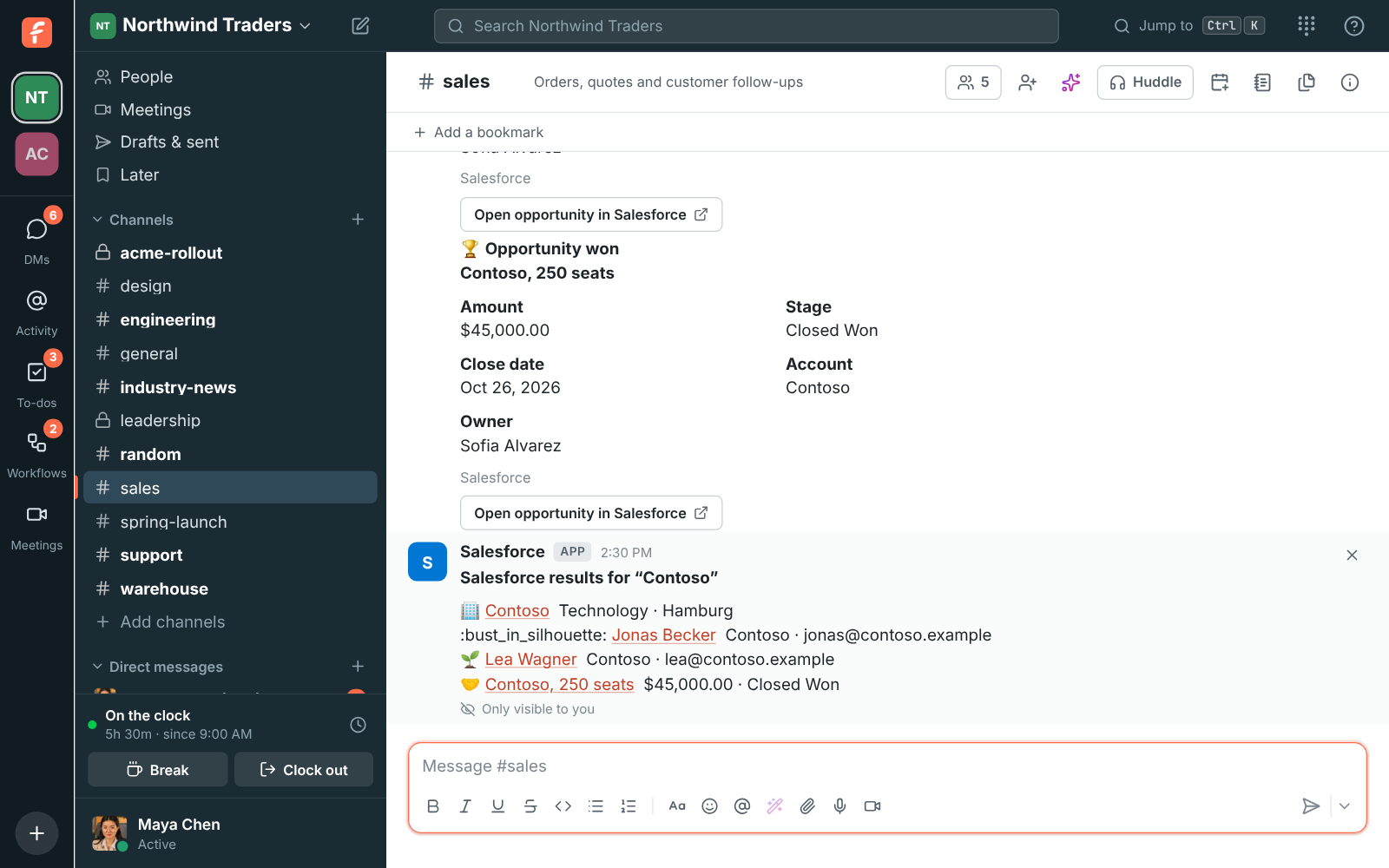 The answer to /salesforce Contoso, only visible to Maya: the Contoso account, a contact, a lead and an opportunity