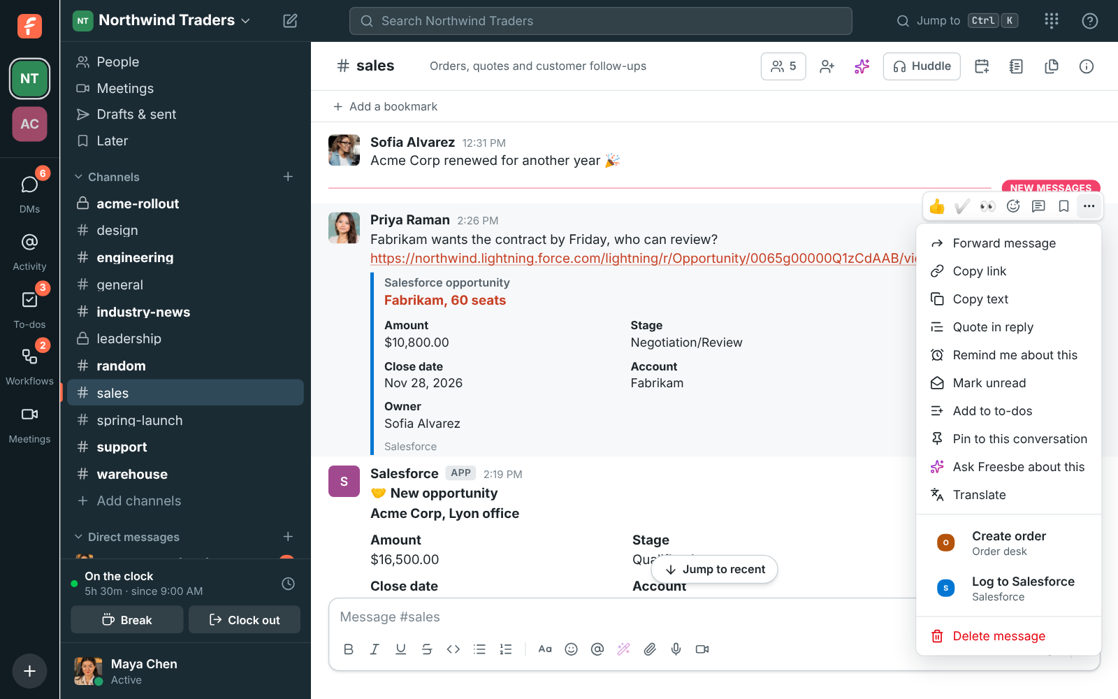 A message’s More actions menu with Log to Salesforce under the Salesforce app