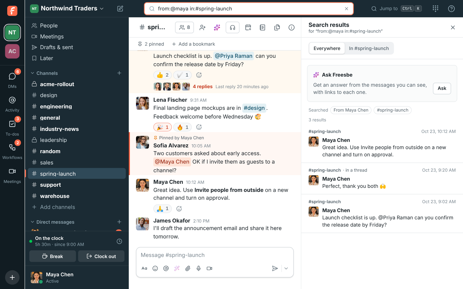 Search for from:@maya in:#spring-launch, with the From Maya Chen and #spring-launch chips above Maya’s messages