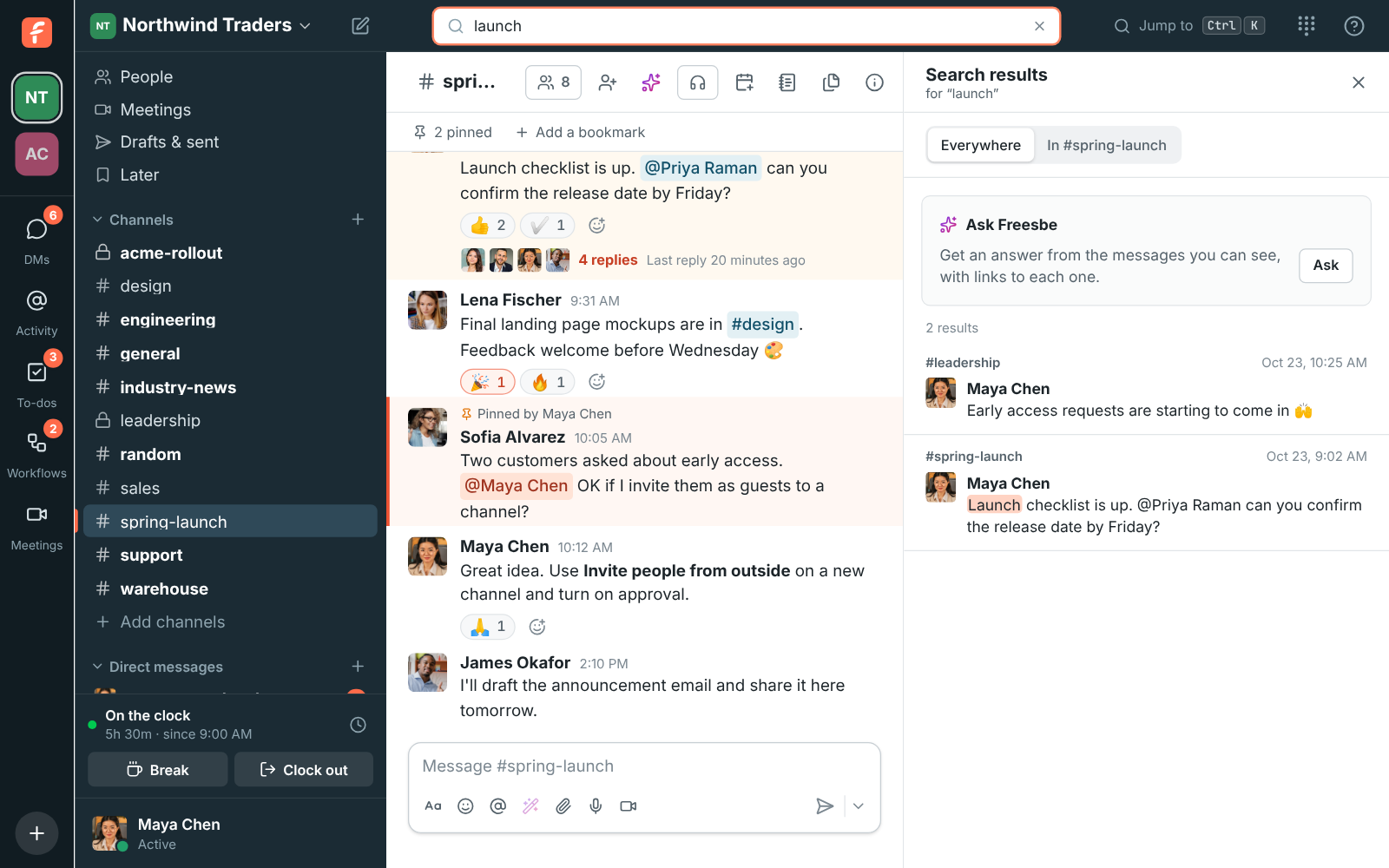 Search results for a phrase across channels and DMs