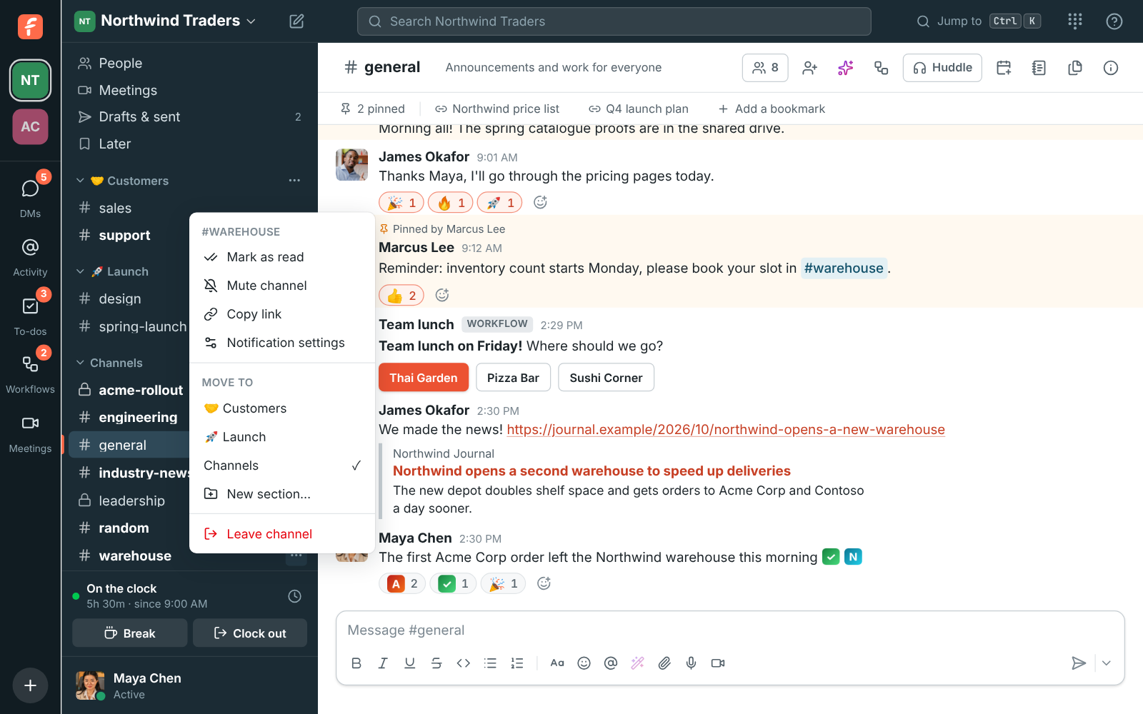 The sidebar with Customers and Launch sections above Channels, and the Move to menu open on #warehouse