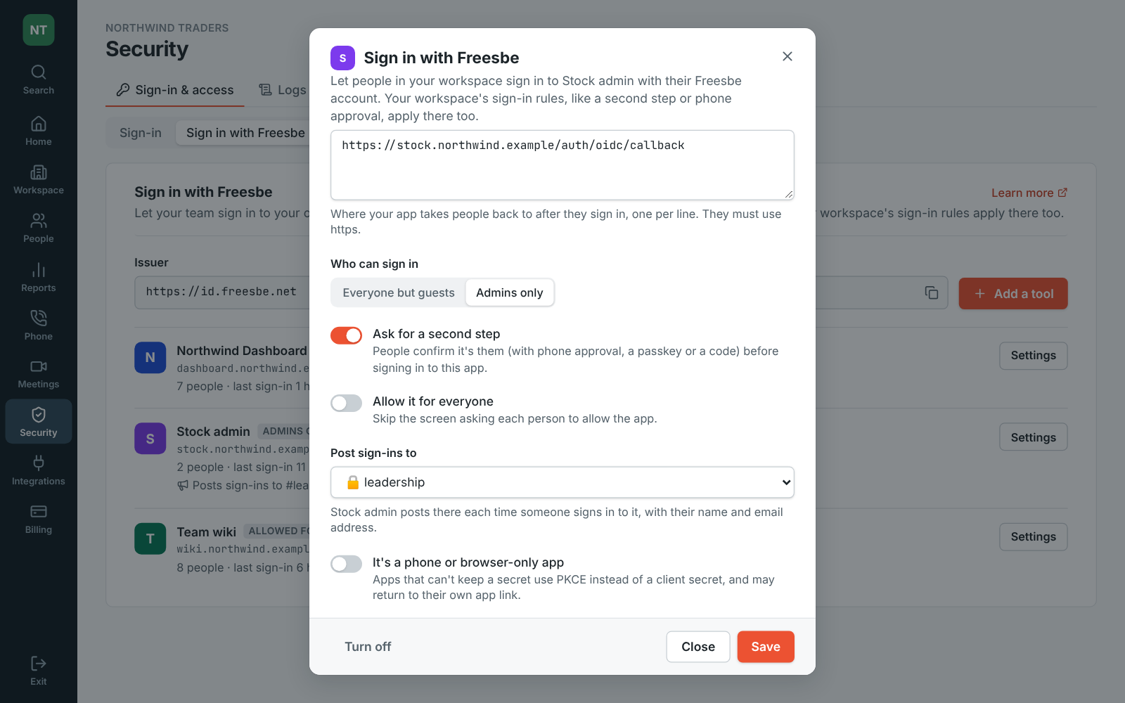 Sign in with Freesbe for Stock admin: admins only, a second step, and sign-ins posted to #leadership