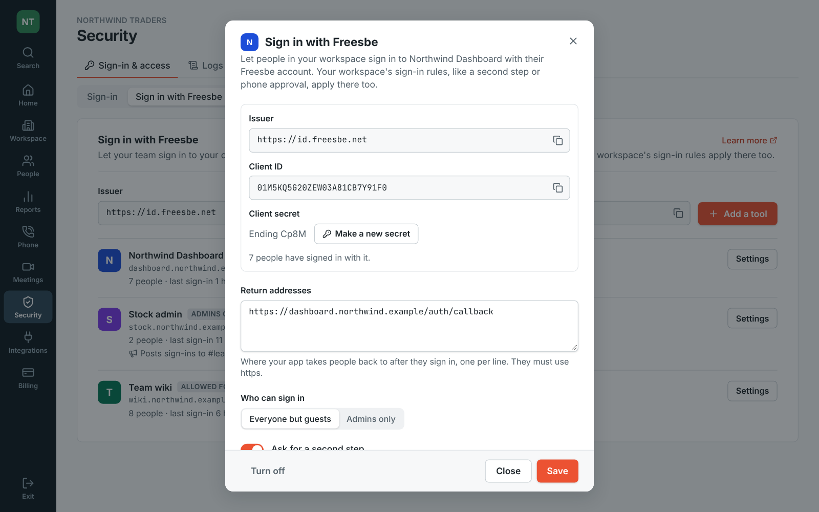 Sign in with Freesbe for the Northwind Dashboard app: issuer, client ID, client secret, return address and options