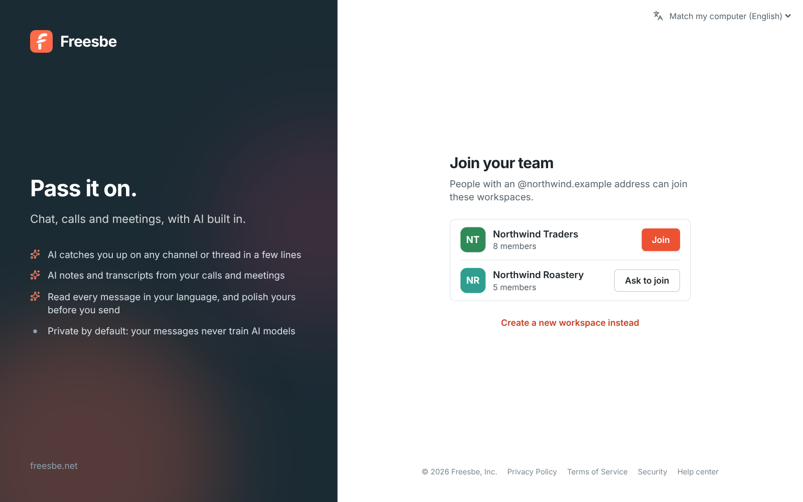 Join your team: Northwind Traders with a Join button, and a second workspace that asks an admin first