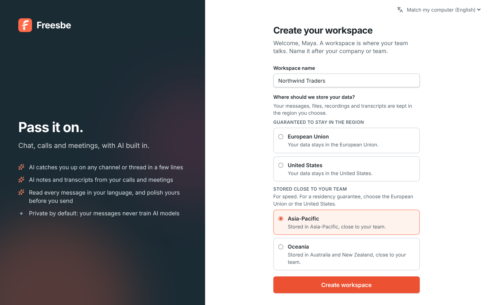 Create your workspace: the workspace name field and where to store your data