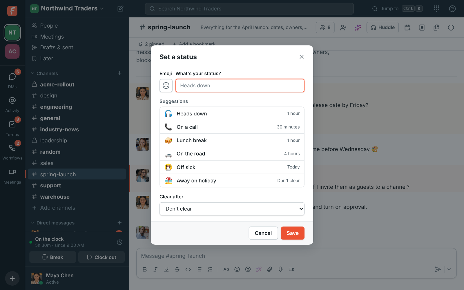 The Set a status dialog with suggestions such as Heads down, On a call and Lunch break