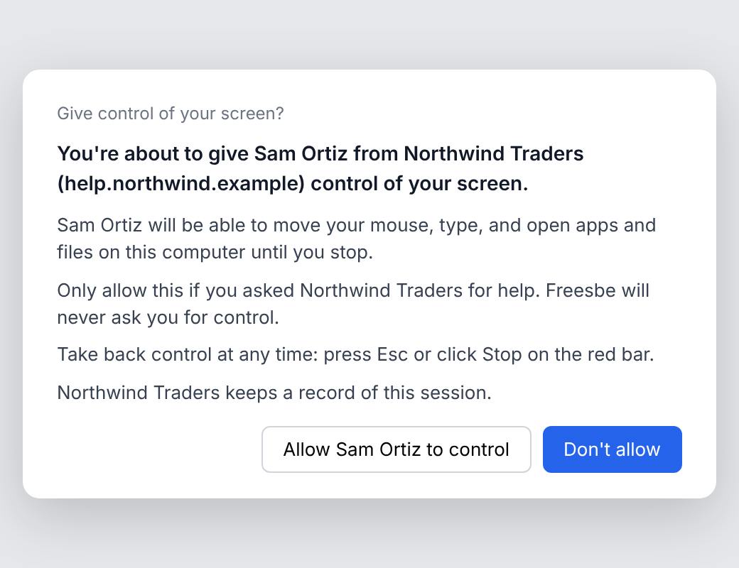 The desktop app asking: You’re about to give Sam Ortiz from Northwind Traders control of your screen, with Allow Sam Ortiz to control and Don’t allow