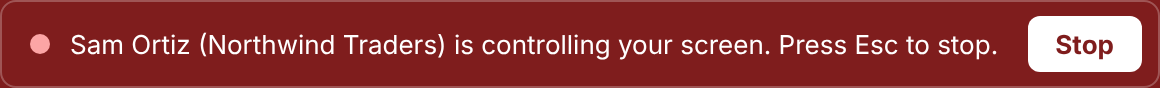 The red bar: Sam Ortiz (Northwind Traders) is controlling your screen. Press Esc to stop. With a Stop button