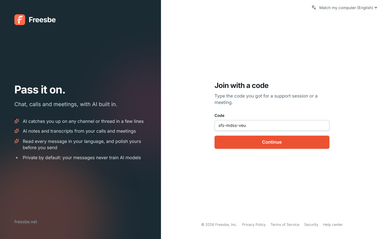 The Join with a code page with a code typed in