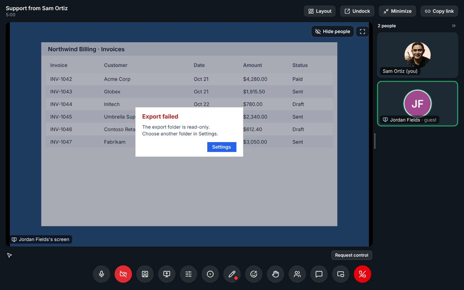 A support session with Jordan Fields’s shared screen and Request control under it
