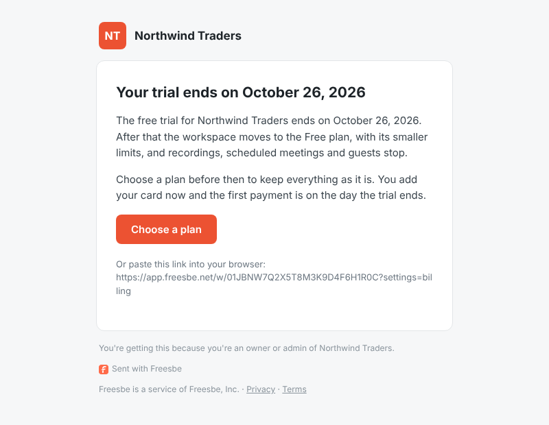 The trial email for Northwind Traders: Your trial ends on October 26, 2026, with a Choose a plan button