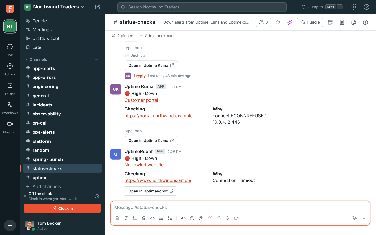 #status-checks with Uptime Kuma and UptimeRobot: the customer portal down, the warehouse API back up after 4 minutes, and the website down from UptimeRobot
