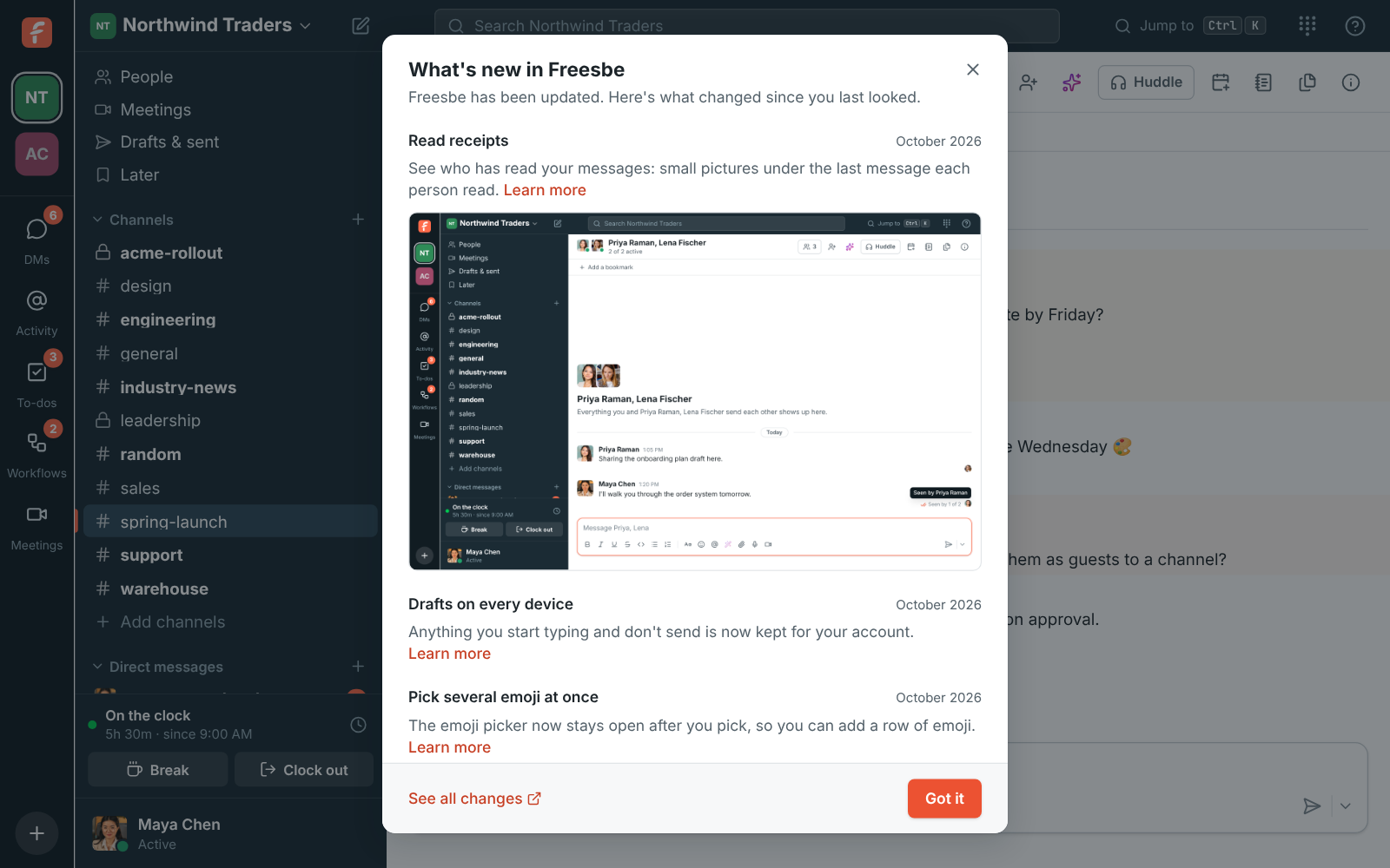 The What’s new in Freesbe card over a channel: Read receipts with a picture of Seen by 2 of 5, Drafts on every device and Pick several emoji at once, with See all changes and Got it