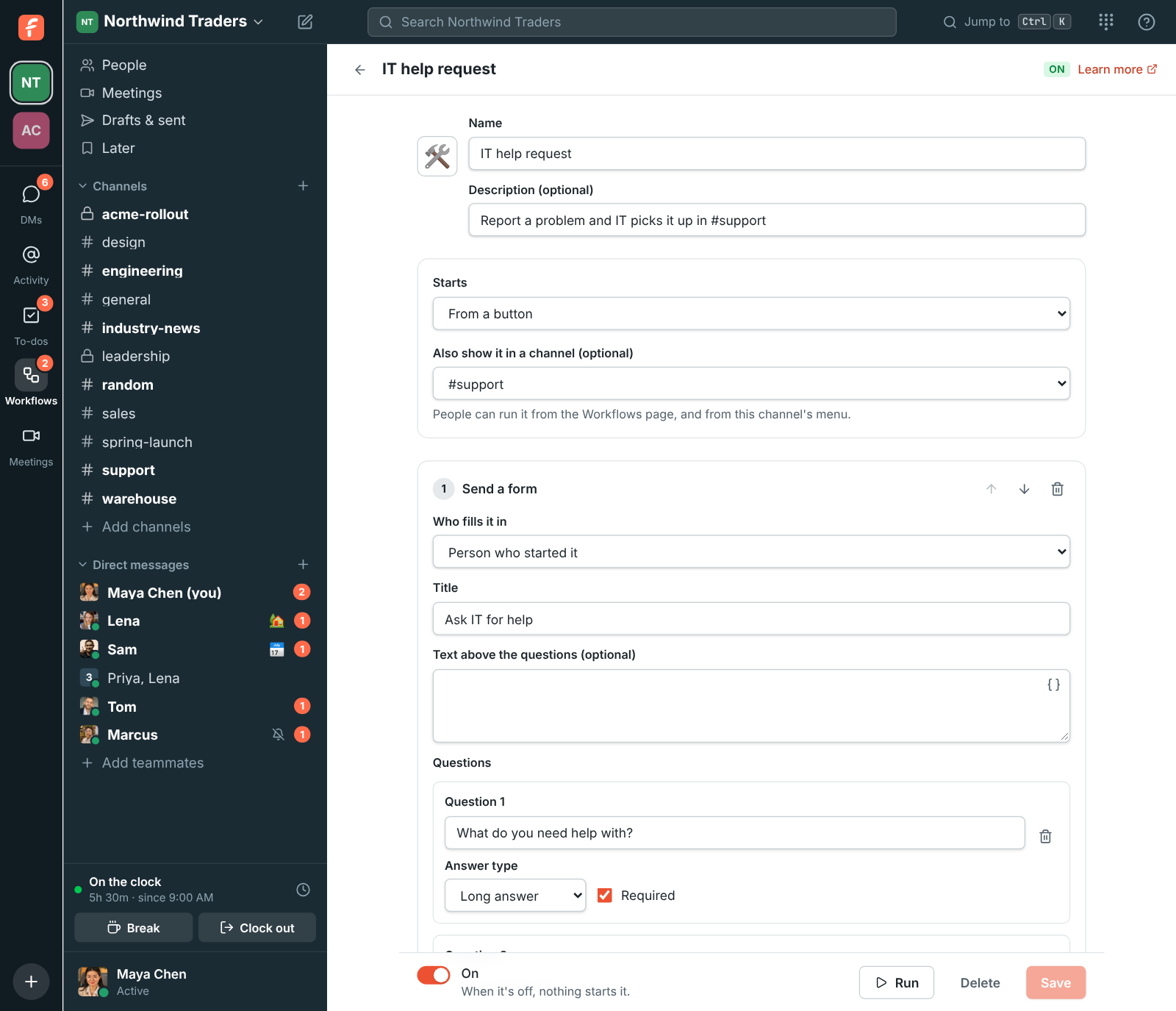 The workflow builder: a form step, then a message to #support, then a to-do for Tom