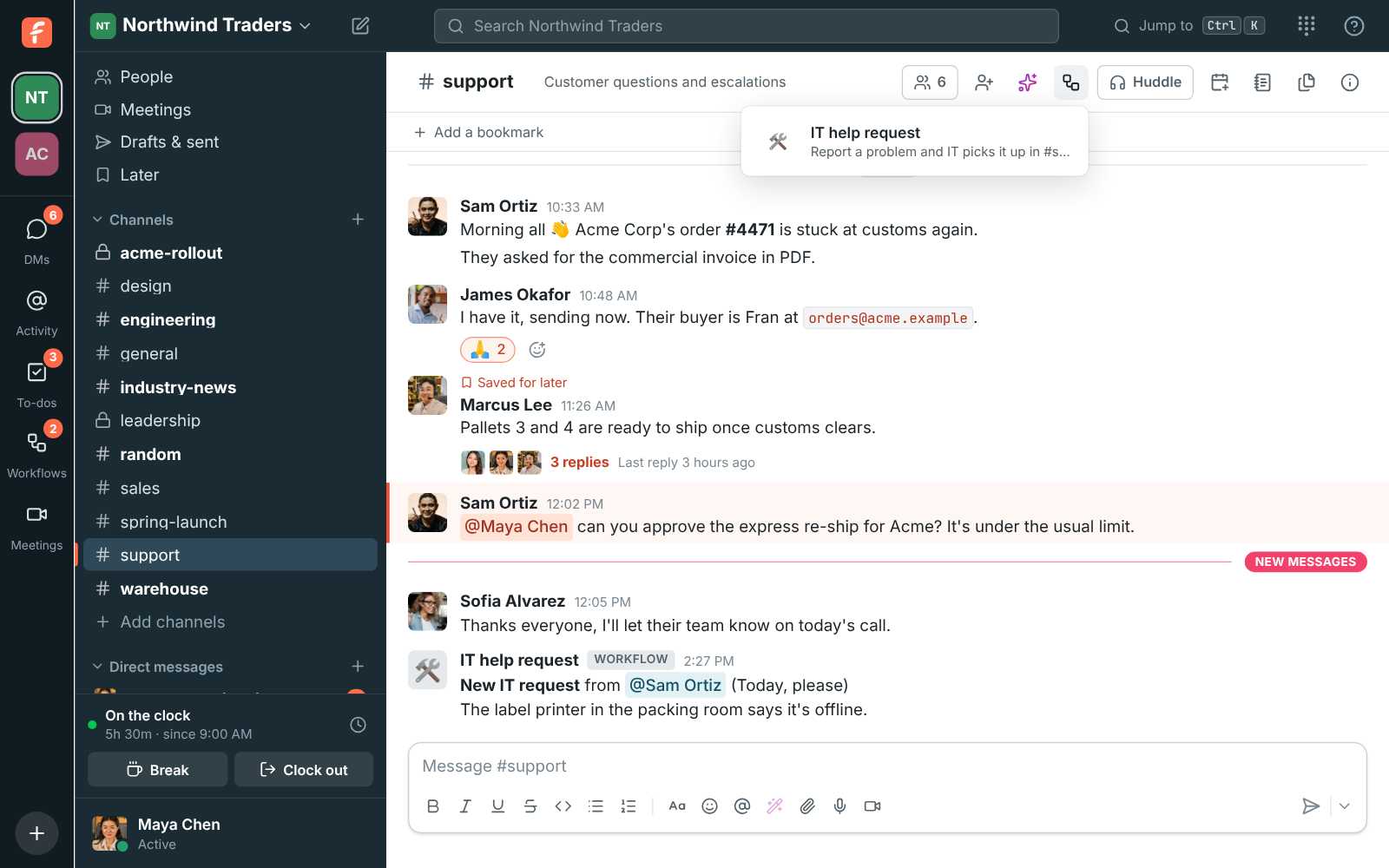 The Workflows button at the top of #support