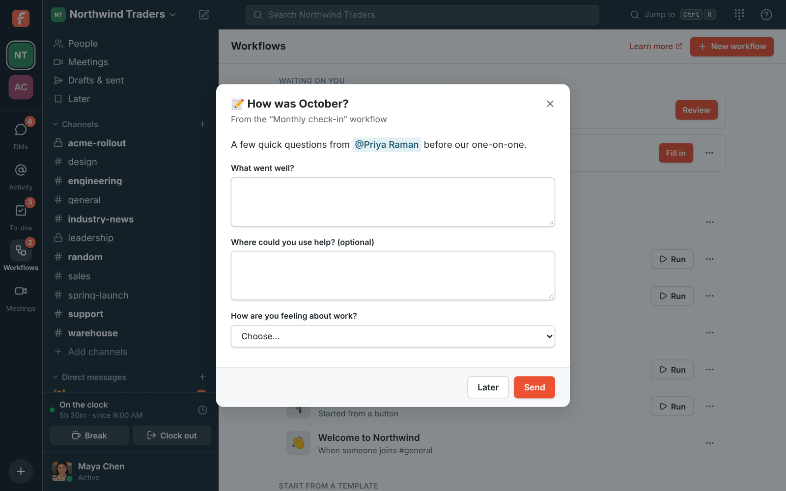 A form from the Monthly check-in workflow