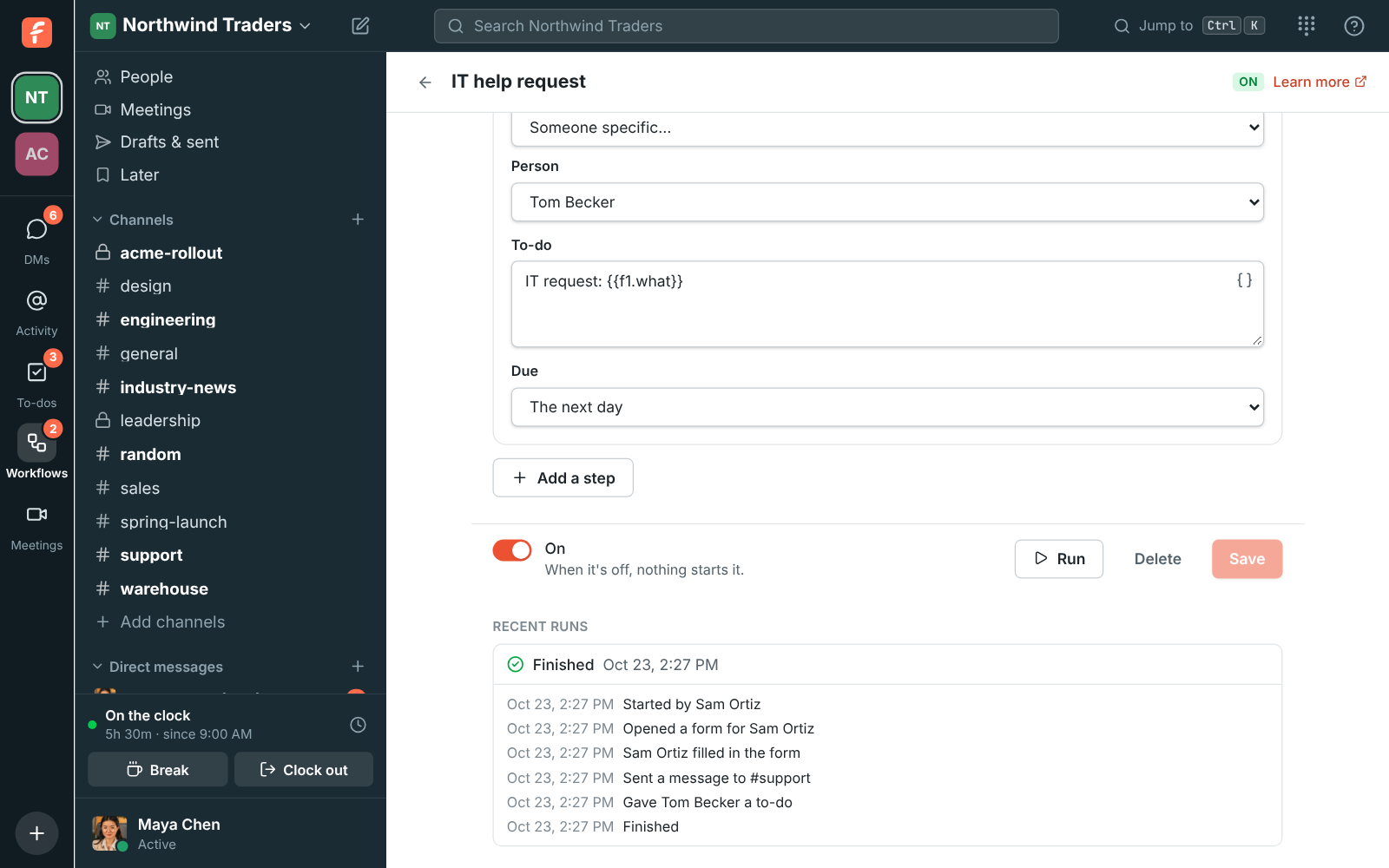 Recent runs: a finished run of the IT help request workflow, step by step