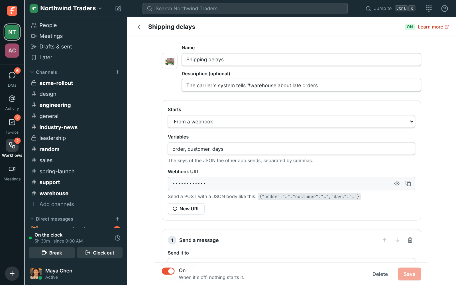 A webhook workflow with its variables and URL