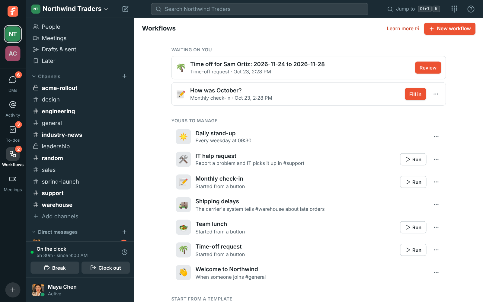 The Workflows page: a form waiting on you, the workspace’s workflows and templates