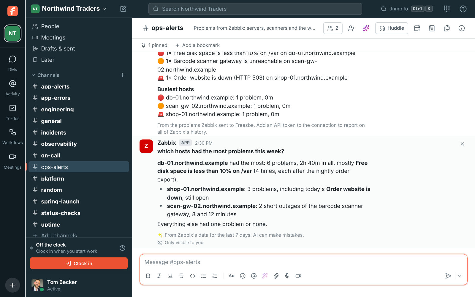 /zabbix ask: which hosts had the most problems this week, answered with db-01, shop-01 and the barcode scanner gateway and their counts