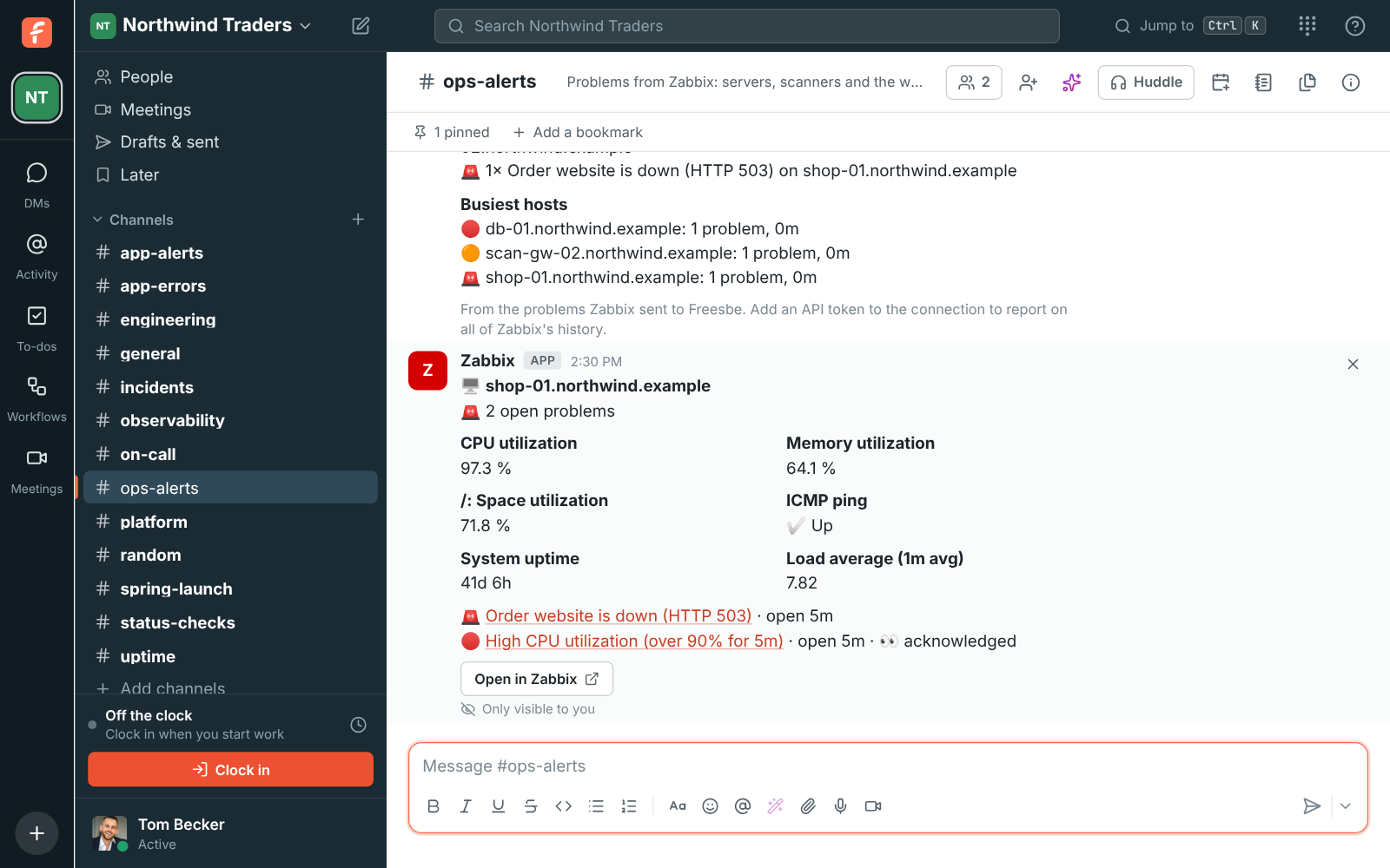 /zabbix host shop-01: two open problems, CPU at 97%, memory at 64%, disk space, ping and uptime