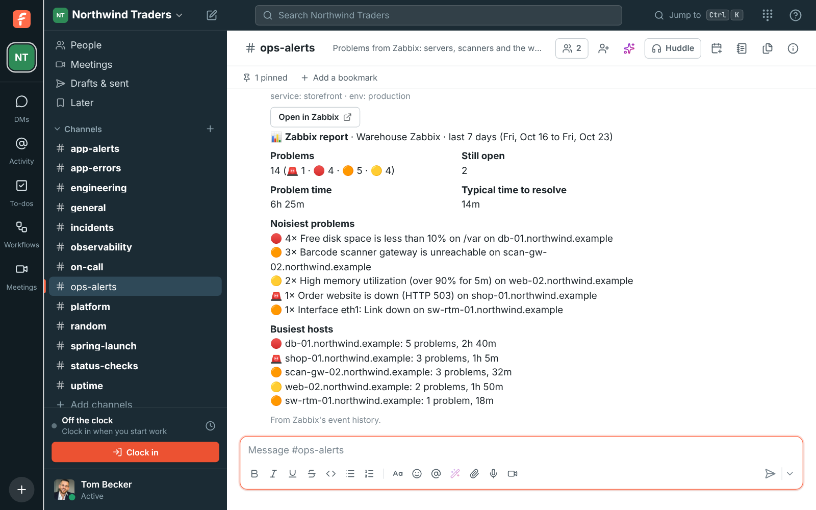 A weekly Zabbix report in #ops-alerts: 14 problems, the noisiest problems and the busiest hosts