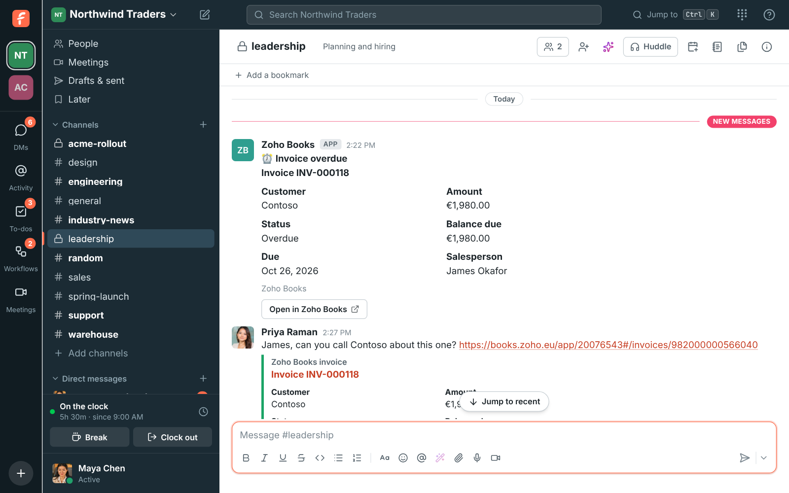 #leadership with Zoho Books alerts for a payment received and an overdue invoice, and an invoice link with a preview