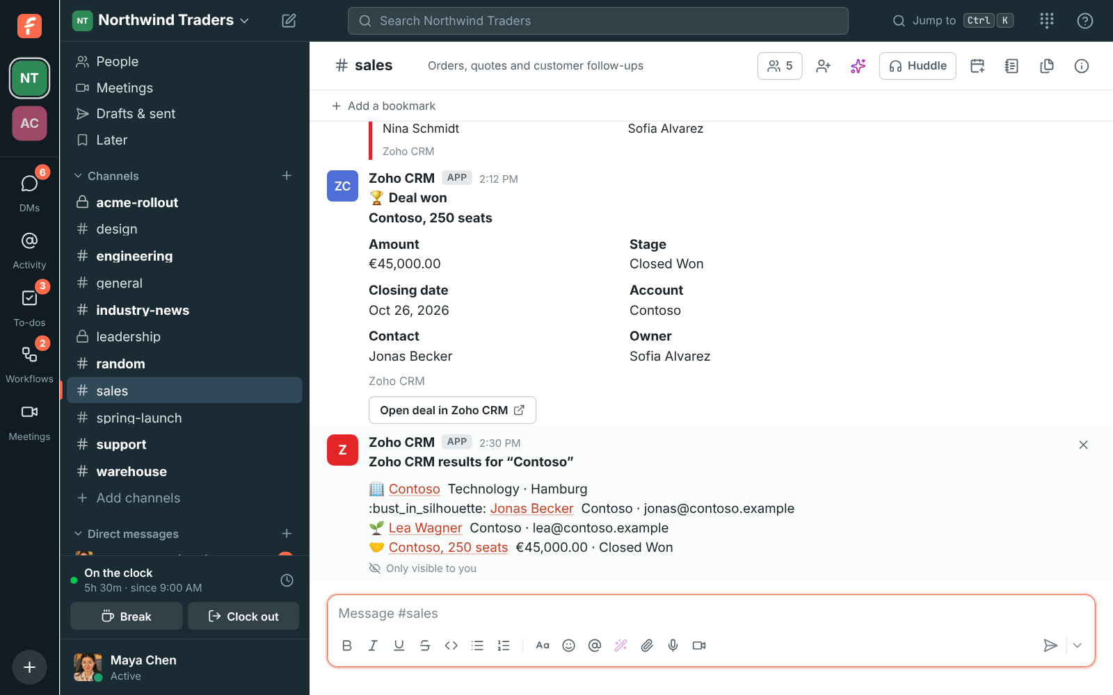 The answer to /zoho Contoso, only visible to Maya: the Contoso account, a contact, a lead and a deal