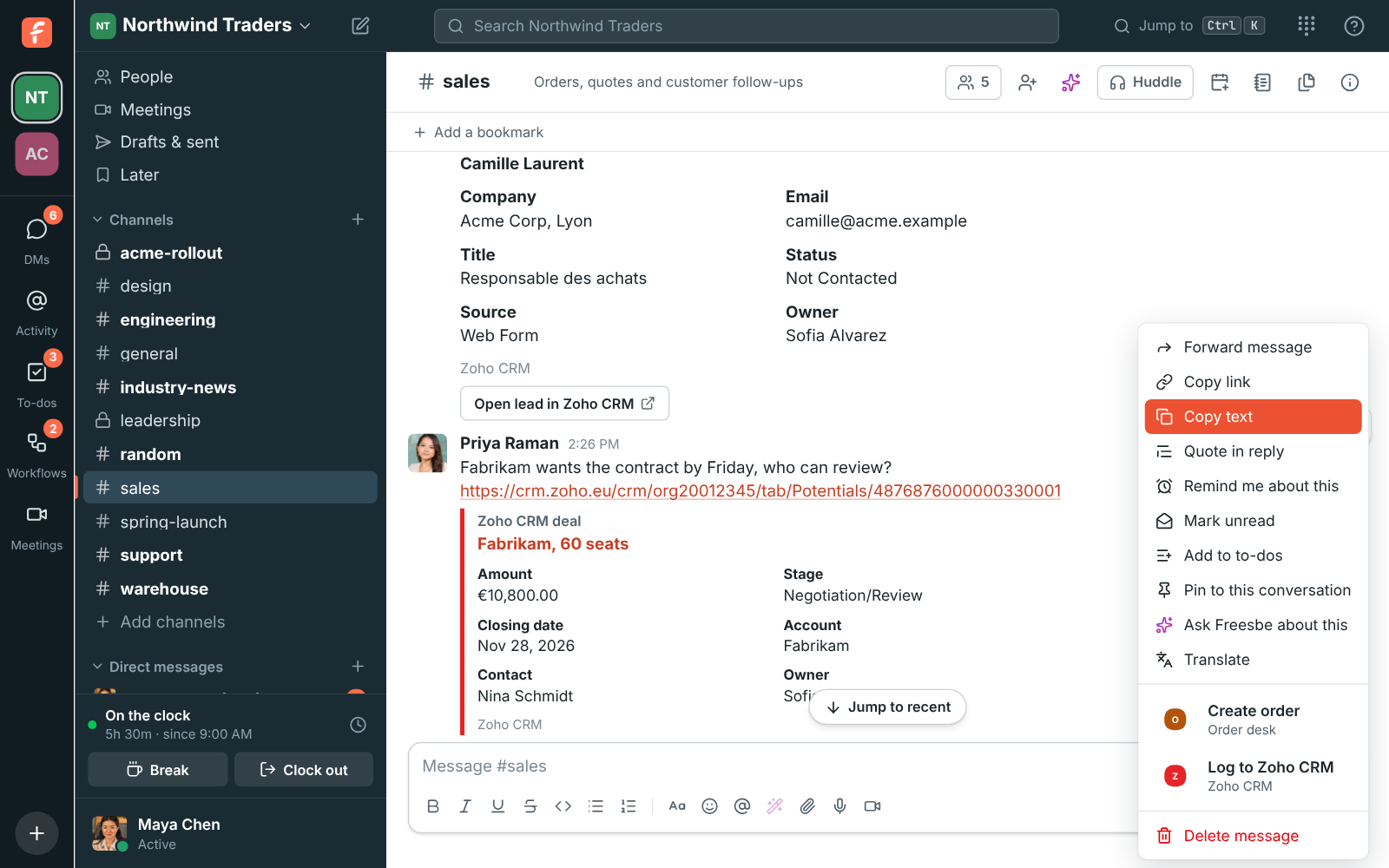 A message’s More actions menu with Log to Zoho CRM under the Zoho CRM app