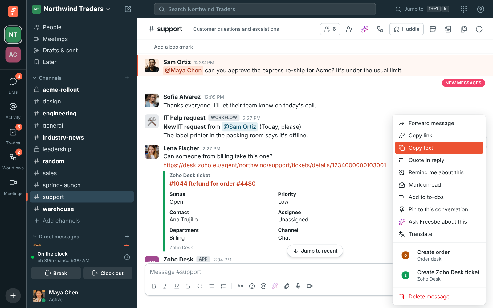 A message’s More actions menu with Create Zoho Desk ticket under the Zoho Desk app
