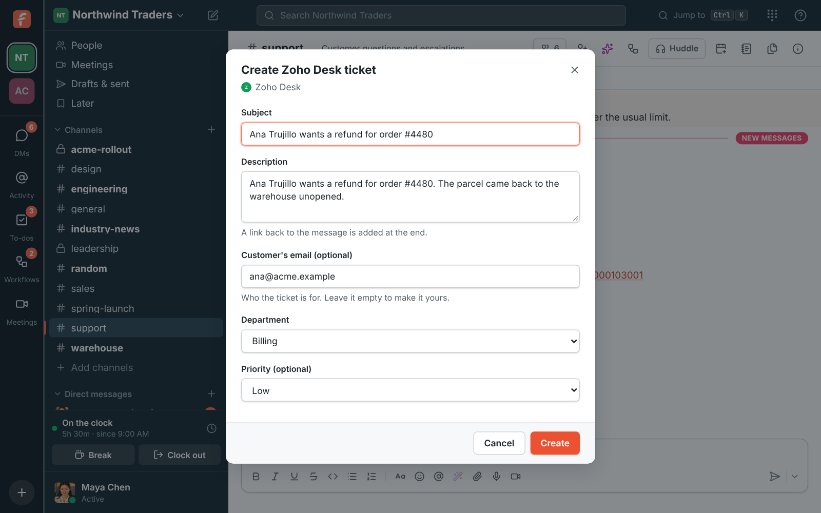 Create Zoho Desk ticket: the subject, description, customer’s email, department and priority