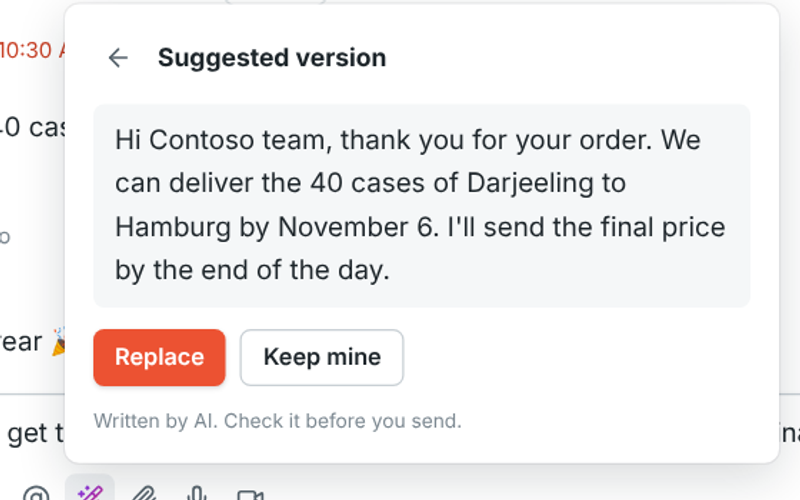 A suggested version of a reply to a customer, with Replace and Keep mine