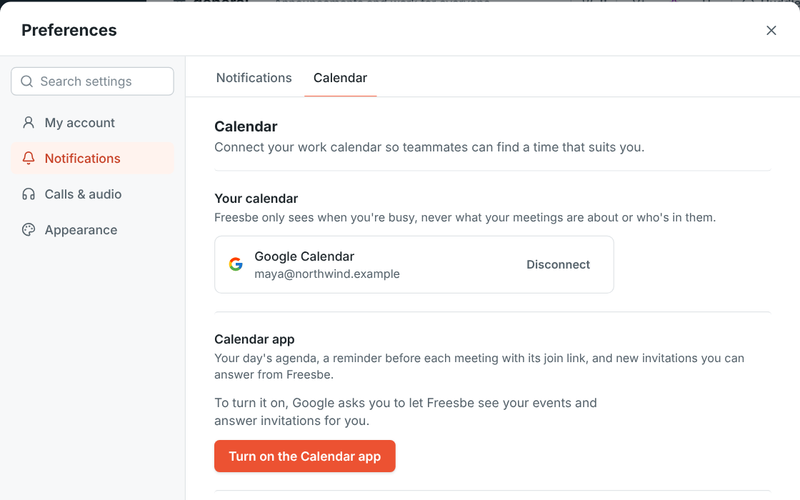 Preferences, Calendar: a connected Google Calendar