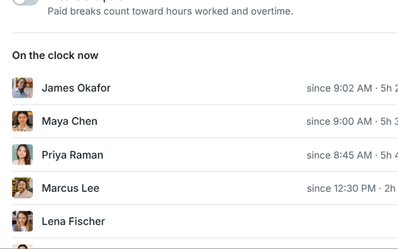Who's on the clock now, with working and on break badges