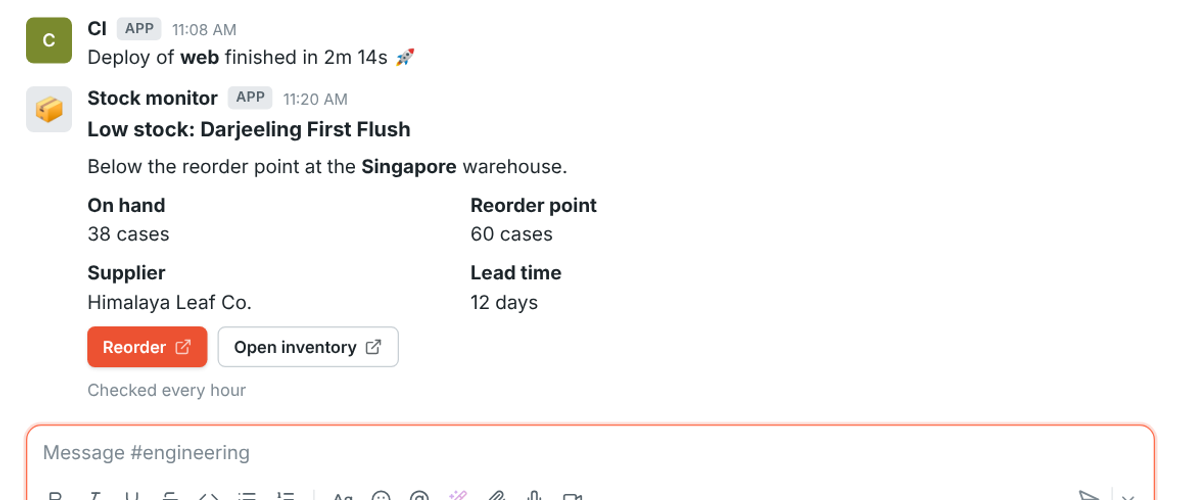 Deploy and CI messages posted by webhooks in the #engineering channel